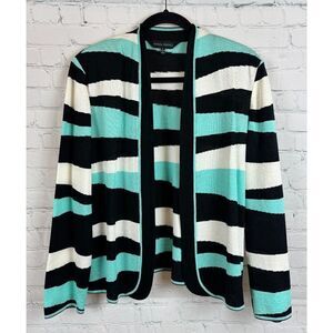 MING WANG black white blue striped open front knit cardigan sweater size L NWOT